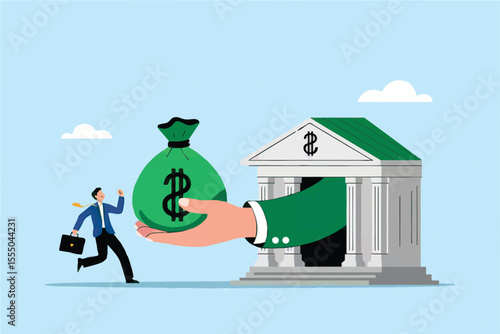Businessman receiving money bag from bank isolated on transparent background