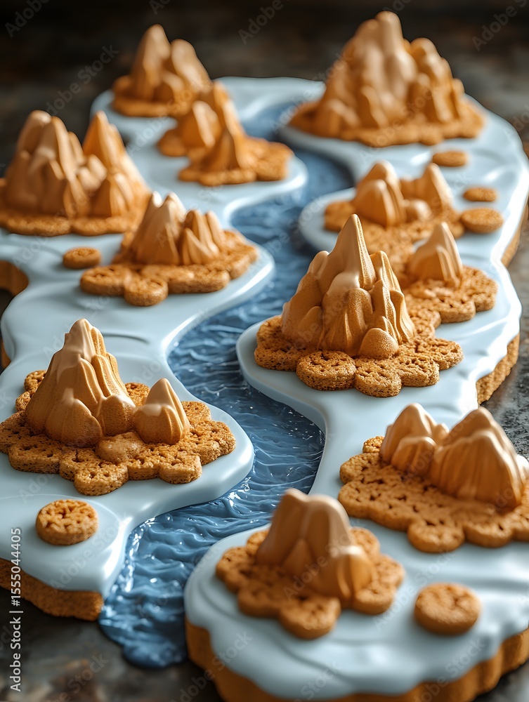 Fototapeta premium A whimsical edible landscape featuring mountain shaped cookies and a blue river made of icing detail