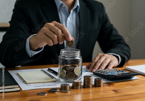 Businessman Saving Money: Close-up of Hands Adding Coins to Glass Jar, Financial Growth Concept