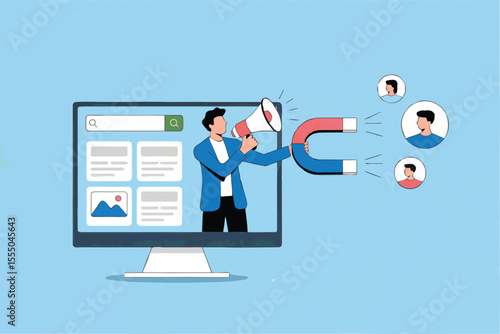Flat cartoon vector illustration of a man attracting customers with a magnet isolated on transparent background
