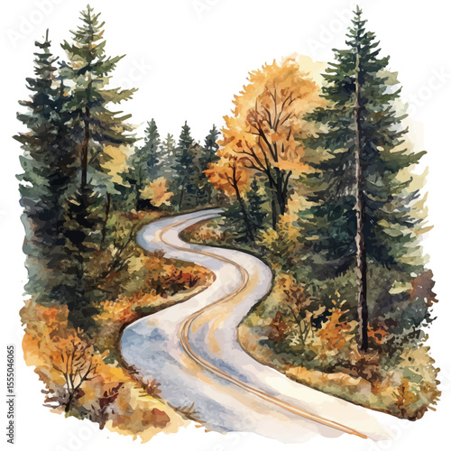 Winding Autumn Road Bends, watercolor drawing vector, isolated on a white background.