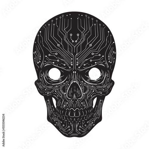 Human skull with a computer circuit board pattern, black and white vector illustration. AI generator