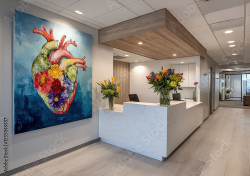 Moderner Empfangsbereich mit großem Herzbild als Organ und frischen Blumen, Modern reception area with large anatomical heart painting and fresh flowers