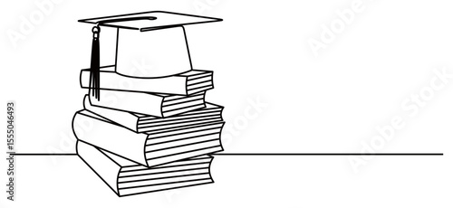 continuous line art of a stack of books and an academic cap or mortarboard as a symbol of graduation from college. congratulations on your graduation and continued success