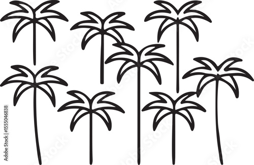 Palm Tree Icon Collection in Black and White Featuring Minimalist Tropical Shapes and Clean Design