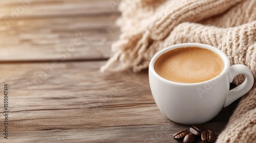 A warm cup of coffee on a rustic wooden table, with a cozy knitted blanket