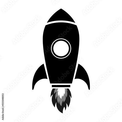 A stylized black and white rocket taking off, symbolizing launch, startup, innovation, growth, and progress