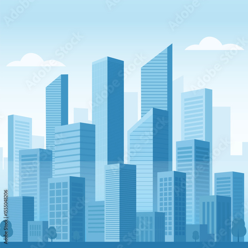 Modern City Skyline Vector Illustration. Urban Landscape with Skyscrapers. Buildings and Street View in Monochrome Blue