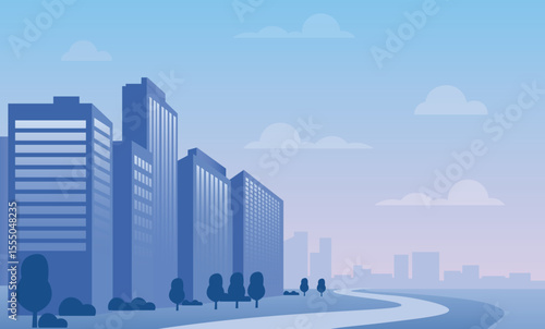 Modern Cityscape with Winding Road at Twilight Vector Art