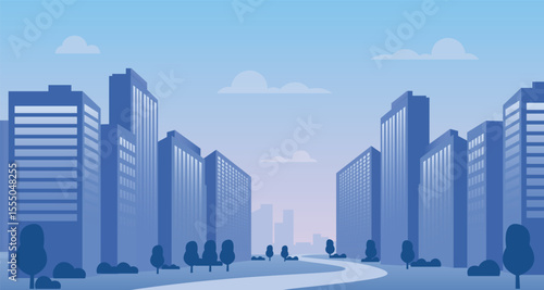 Serene Urban Cityscape at Dusk Dawn with Road and Modern Buildings Vector