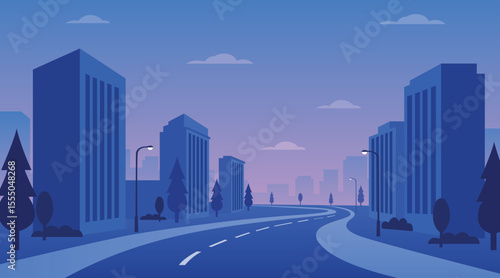 Twilight Cityscape with Winding Road and Modern Skyscrapers Vector