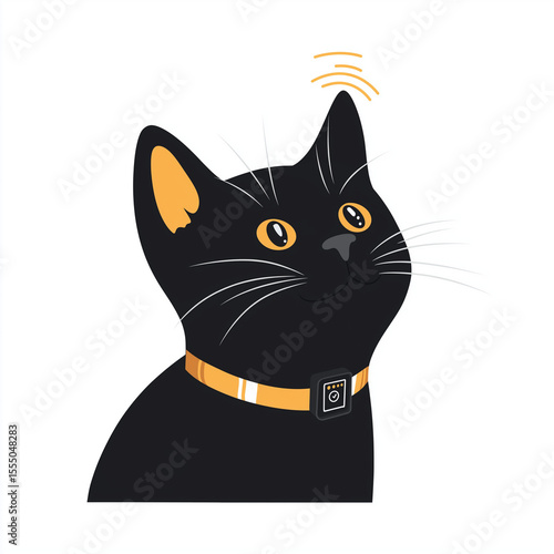 Smart cat collar with GPS satellite icon, minimal vector pet technology concept, isolated on white background.