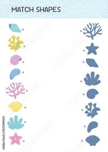 Find the correct shadow. Match shapes educational game for kids. Attention task. Choose the right silhouette. Funny cartoon character. Worksheet page. Activity book. Vector illustration