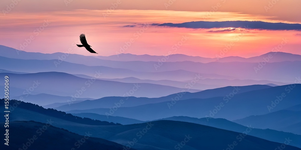 Majestic eagle soars over beautiful mountain range against a serene pink and blue sunset sky, an inspiring vista. Majestic eagle soars over beautiful mountain range against a serene pink and blue sunset sky, an inspiring vista.