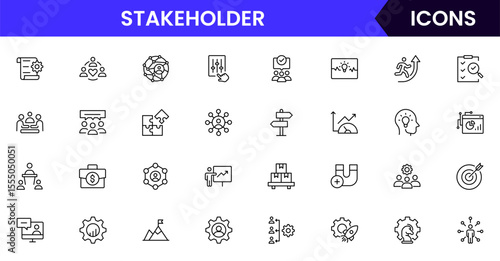 Vector illustration web line icon collection for stakeholder collaboration, influence, communication, and partnership symbols in a professional, modern, and interconnected design style.