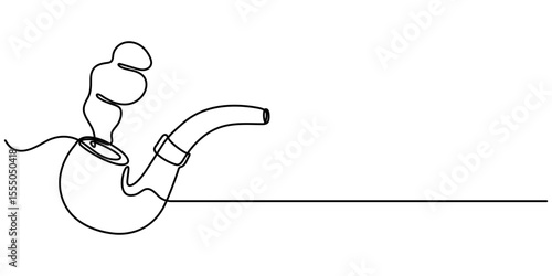 One continuous line drawing smoking pipe with smoke. Vintage tobacco pipe isolated on white background. Tube for smoking tobacco concept in a minimalistic linear style . Vector illustration.          