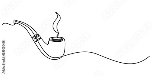 One continuous line drawing smoking pipe with smoke. Vintage tobacco pipe isolated on white background. Tube for smoking tobacco concept in a minimalistic linear style . Vector illustration.          
