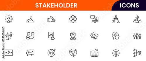 Vector illustration web line icon collection for stakeholder collaboration, influence, communication, and partnership symbols in a professional, modern, and interconnected design style.