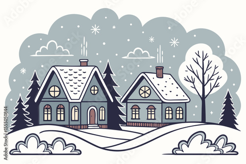 Winter background. Christmas village. Seamless border. Fairy tale winter landscape