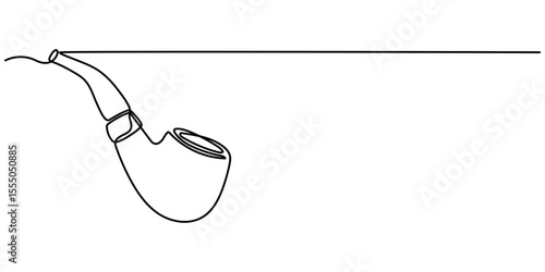 One continuous line drawing smoking pipe with smoke. Vintage tobacco pipe isolated on white background. Tube for smoking tobacco concept in a minimalistic linear style . Vector illustration.          