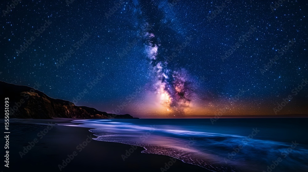 Naklejka premium Breathtaking Milky Way galaxy over a serene beach at night