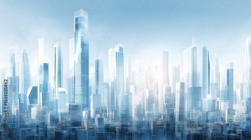 Fototapeta premium Ethereal blue-tinted futuristic cityscape, translucent glass architecture, dreamy atmospheric landscape, holographic building effects, misty modern skyline, clean minimalist architectural design