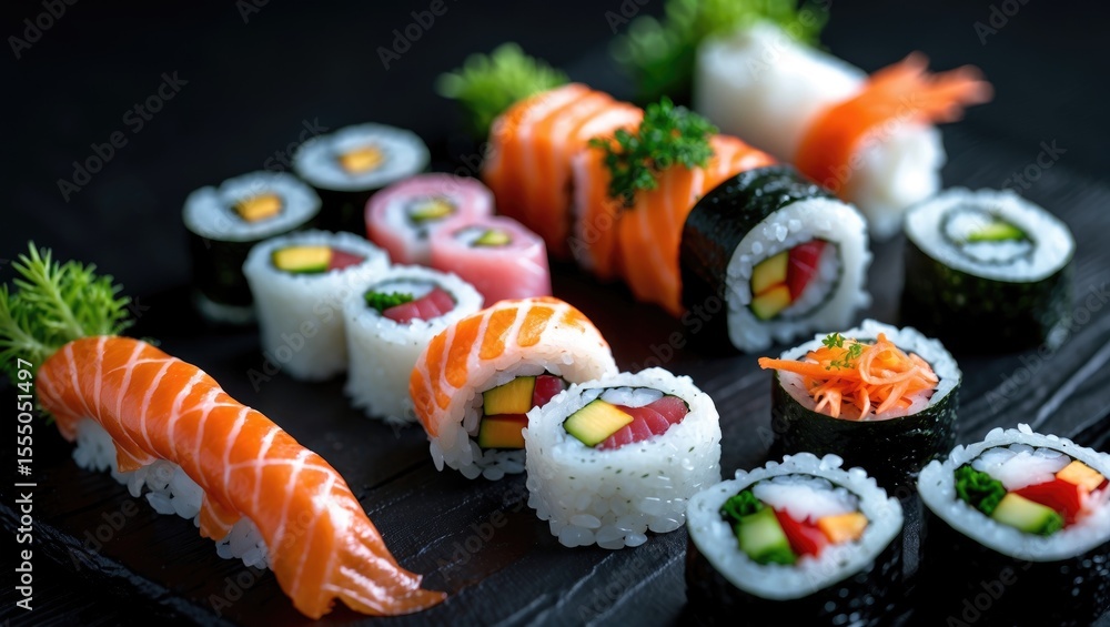 Assorted sushi rolls and sashimi on a black slate, featuring various types with colorful ingredients and garnishes. Assorted sushi rolls and sashimi on a black slate, featuring various types with colorful ingredients and garnishes.