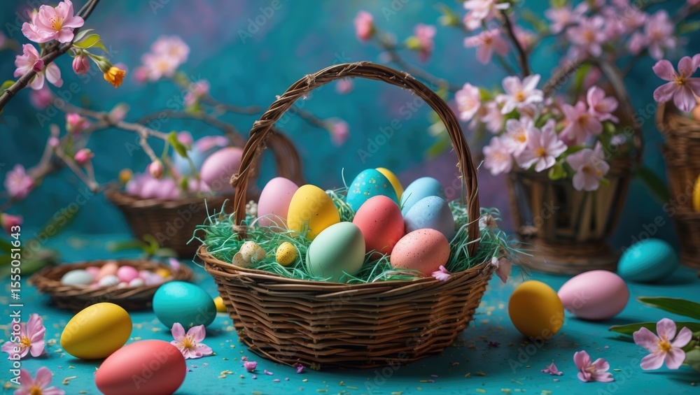 Naklejka premium Colorful Easter eggs in a basket surrounded by pink flowers and blossoms, celebrating spring and Easter traditions.