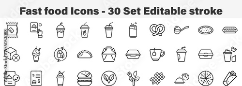 Fast Food Icons 30 Set. Line Art Icon Collection. Editable Stroke Vector Illustration