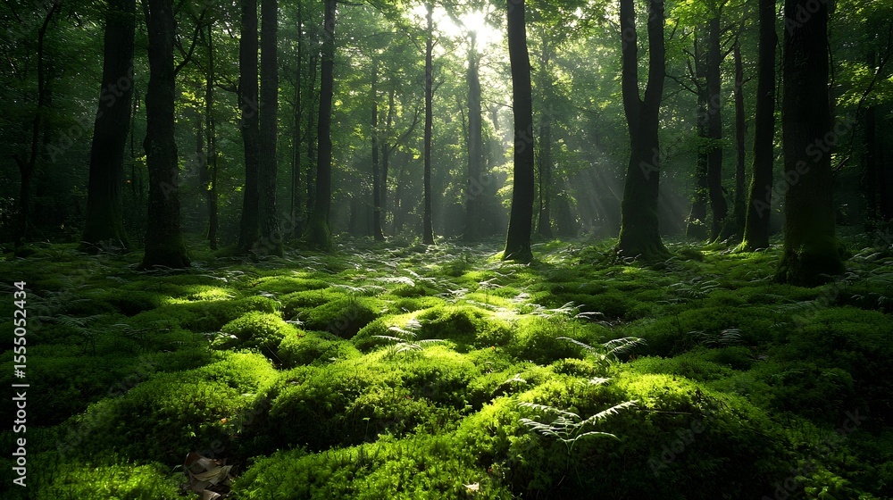 Fototapeta premium A serene forest glade with moss covered trees and delicate ferns