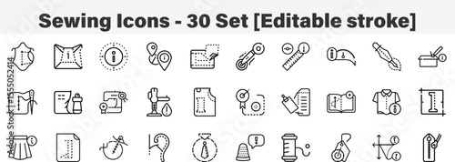 Sewing Icons 30 Set. Line Art Icon Collection. Editable Stroke Vector Illustration
