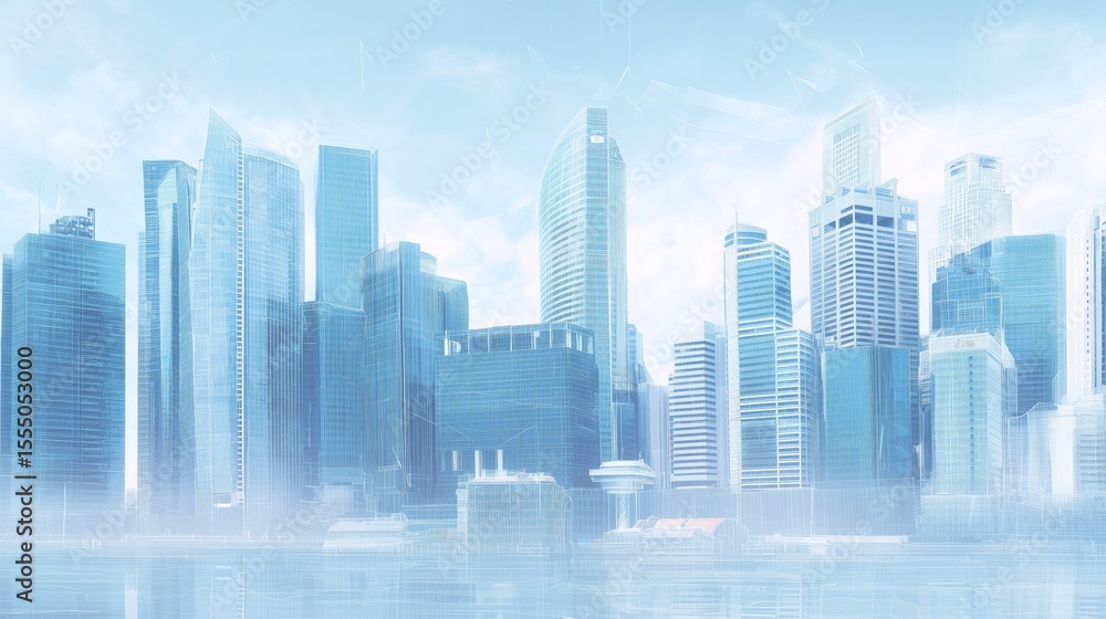 Fototapeta premium Ethereal blue-tinted futuristic cityscape, translucent glass architecture, dreamy atmospheric landscape, holographic building effects, misty modern skyline, clean minimalist architectural design