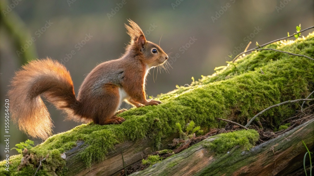 Red squirrel perched on a moss covered log bathed in warm golden hour sunlight Red squirrel perched on a moss covered log bathed in warm golden hour sunlight