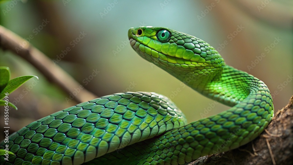 Obraz premium Close up of a vibrant green viper snake with striking emerald eyes coiled on a branch