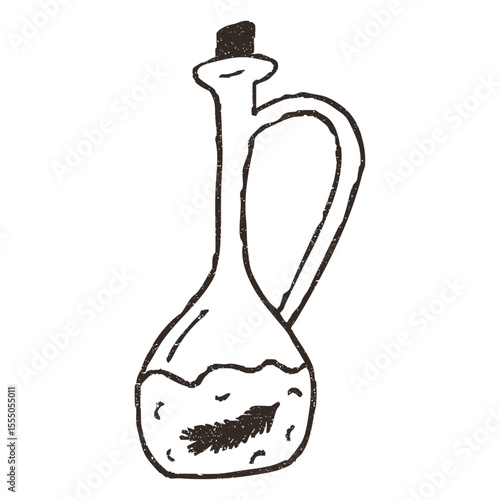 Olive oil jug, cartoon doodle vector illustration isolated on white background. Hand drawn outline art with grunge texture. Concept of cooking.