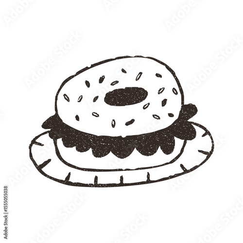 Bagel sandwich on plate, cartoon doodle vector illustration isolated on white background. Hand drawn outline art with grunge texture. Concepts of food and cafe.