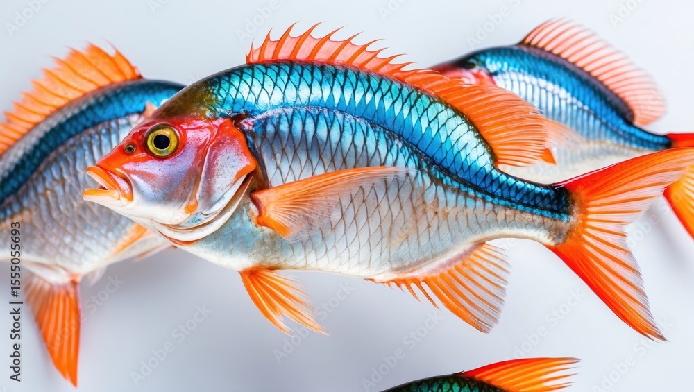Fototapeta premium Colorful fish with vibrant orange fins and blue-striped bodies. Freshwater aquatic life. Marine ecosystem.