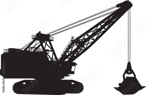 Dragline Excavator Flat Black Silhouette with Boom and Bucket, Construction Vehicle, Earthmoving Equipment Vector Illustration
