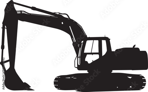 Flat Black Silhouette of Excavator, Construction Vehicle, Earthmoving Equipment Vector Illustration