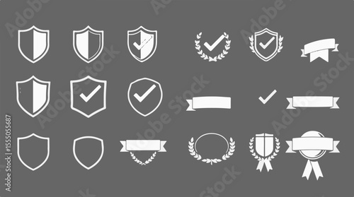 A comprehensive set of white icons on a grey background, including shields, checkmarks, ribbons, and wreaths, symbolizing protection, validation, and various forms of achievement.