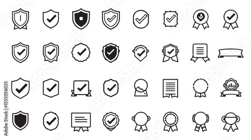 A diverse collection of black and white icons representing security, quality, and approval, featuring various shield, checkmark, and badge designs.