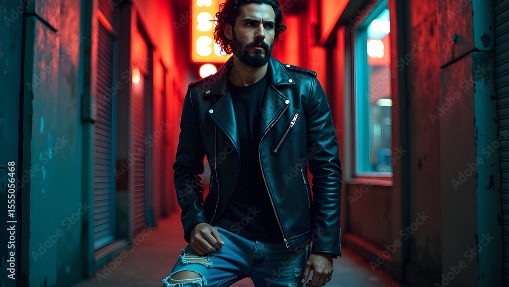 Obraz premium Bearded Model in Leather Jacket and Jeans in Neon-Lit Alley