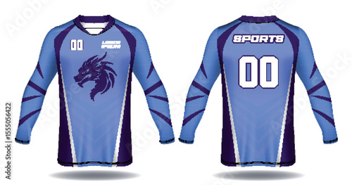 Front and back view of a blue and purple long sleeve sports jersey with dragon graphic