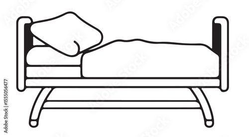 
A simple black outline icon of an empty bed with a pillow and blanket, ready for rest or sleep.