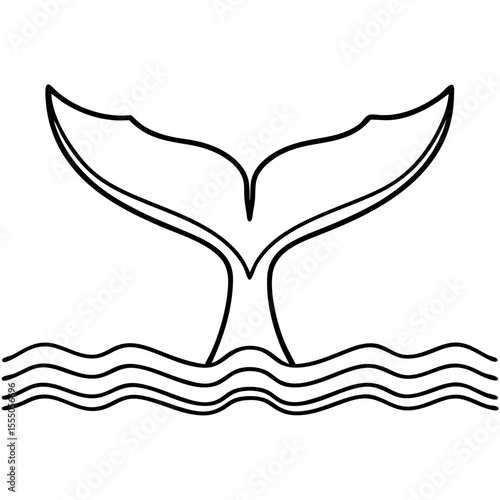 Whale tail line art above water waves. Simple whale tail design with elegant lines perfect for marine logos.