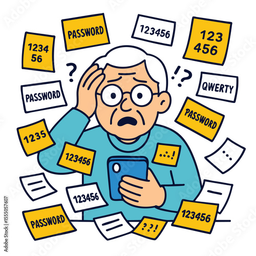 Confused elderly man surrounded by sticky notes with passwords and numbers, holding phone