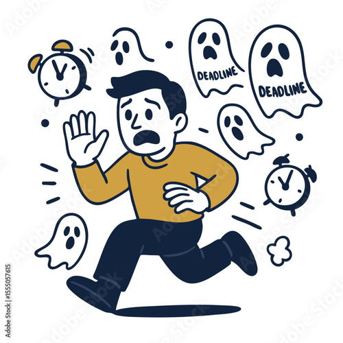 Person running from deadlines and clocks, feeling anxious and overwhelmed by time constraints