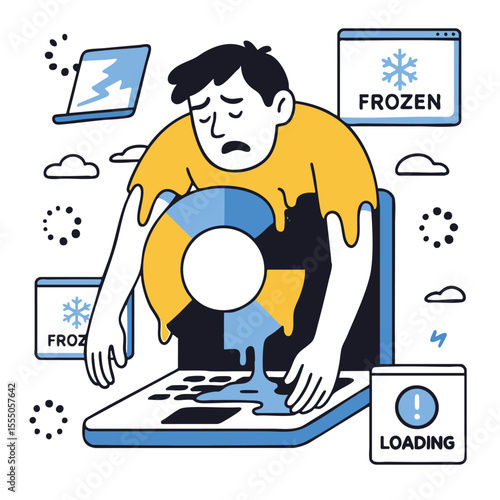 Frustrated person dealing with computer issues, frozen screen, loading icon, digital problems