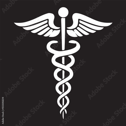 A white silhouette of a Caduceus symbol, featuring a staff with two snakes entwined and a pair of wings at the top, on a black background.