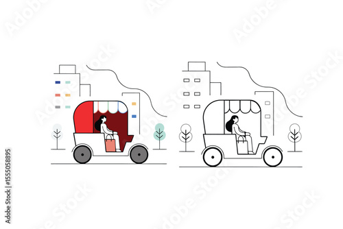 Woman Riding Tuk‑Tuk Vector Illustration – Urban Auto Rickshaw Voyage 